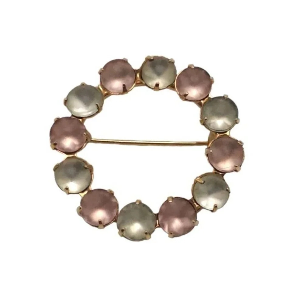 Pink Green Frosted Glass Bead Open Circle Brooch Pin Gold Tone Vintage